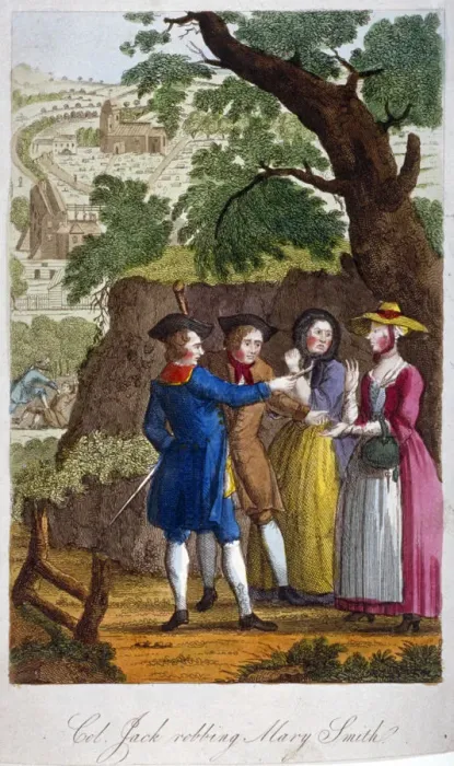 Framed Print : Colonel Jack, the highwayman, robbing Mary Smith on her way to Kentish Town, London, c1750 Framed Print : Colonel Jack, the highwayman, robbing Mary Smith on her way to Kentish Town, London, c1750