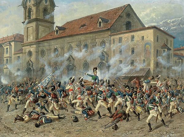 Colonel Karl Freiherr von Ditfurth (1774-1809) fighting the Tyroleans in front of... April 12, 1809 Creator: Braun, Louis (1836-1916)