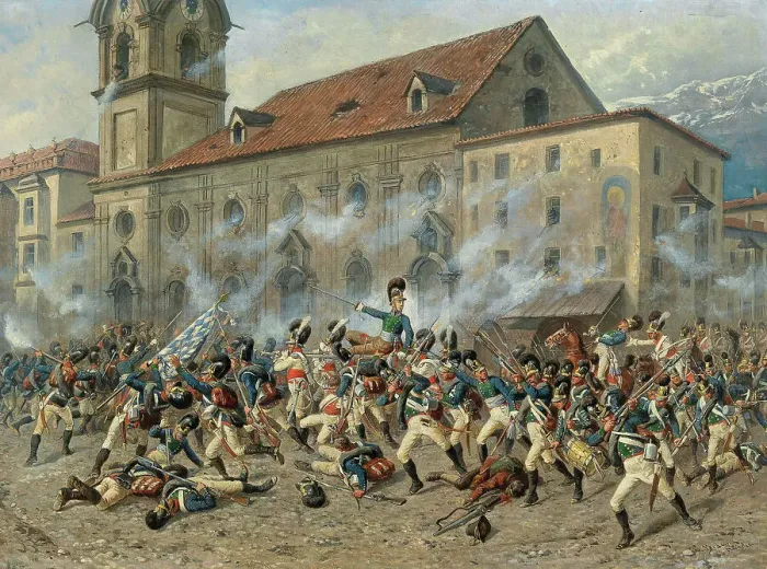 Framed Print : Colonel Karl Freiherr von Ditfurth (1774-1809) fighting the Tyroleans in front of... April 12, 1809 Creator: Braun, Louis (1836-1916) Framed Print : Colonel Karl Freiherr von Ditfurth (1774-1809) fighting the Tyroleans in front of... April 12, 1809 Creator: Braun, Louis (1836-1916)