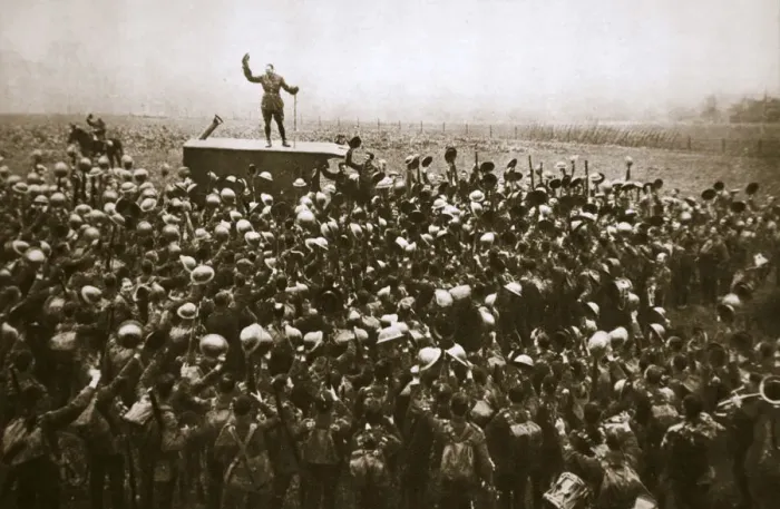 Framed Print : Colonel and men of the 9th East Surrey Regiment cheering the King, France, 12 November, 1918 Framed Print : Colonel and men of the 9th East Surrey Regiment cheering the King, France, 12 November, 1918