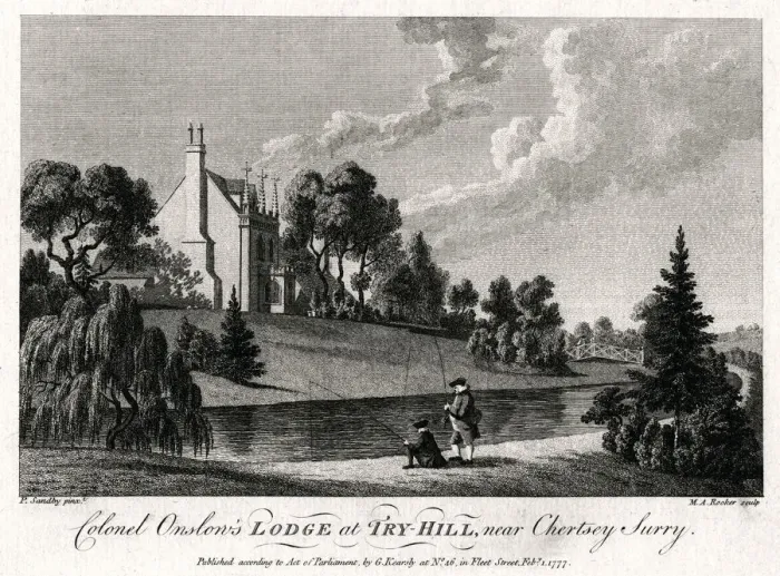 Framed Print : Colonel Onslows Lodge at Try-Hill, near Chertsey, Surry, 1777. Artist: Michael Angelo Rooker Framed Print : Colonel Onslows Lodge at Try-Hill, near Chertsey, Surry, 1777. Artist: Michael Angelo Rooker