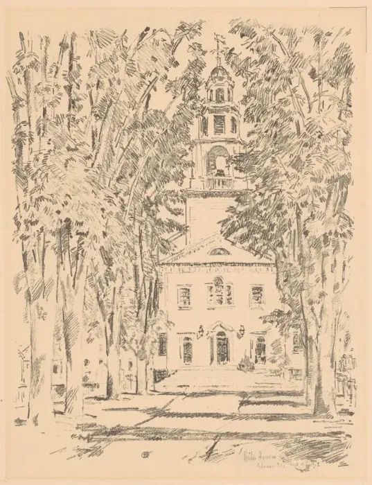 Framed Print : Colonial Church, Gloucester, 1918. Creator: Frederick Childe Hassam Framed Print : Colonial Church, Gloucester, 1918. Creator: Frederick Childe Hassam