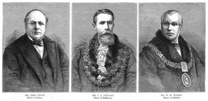 Framed Print : Our Colonial Empire - Three Australian Mayors, 1886. Creator: Unknown Framed Print : Our Colonial Empire - Three Australian Mayors, 1886. Creator: Unknown