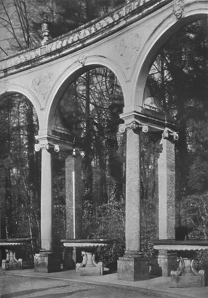 Detail of colonnade and fountains, Temple of Music, Versailles, France, 1924