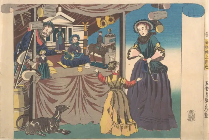 Framed Print : Color Print of a Copperplate Picture of a Toy Shop, 1860. Creator: Sadahide Utagawa Framed Print : Color Print of a Copperplate Picture of a Toy Shop, 1860. Creator: Sadahide Utagawa
