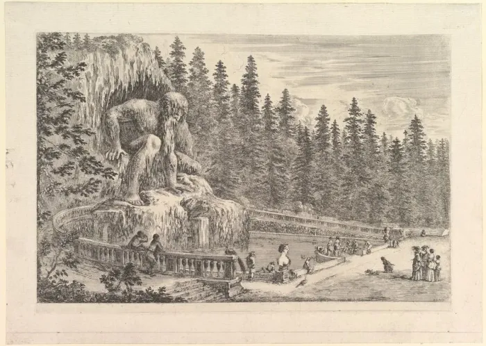Framed Print : Colossal statue of the Appenino by Giambologna to left, represented as a giant crouchi Framed Print : Colossal statue of the Appenino by Giambologna to left, represented as a giant crouchi