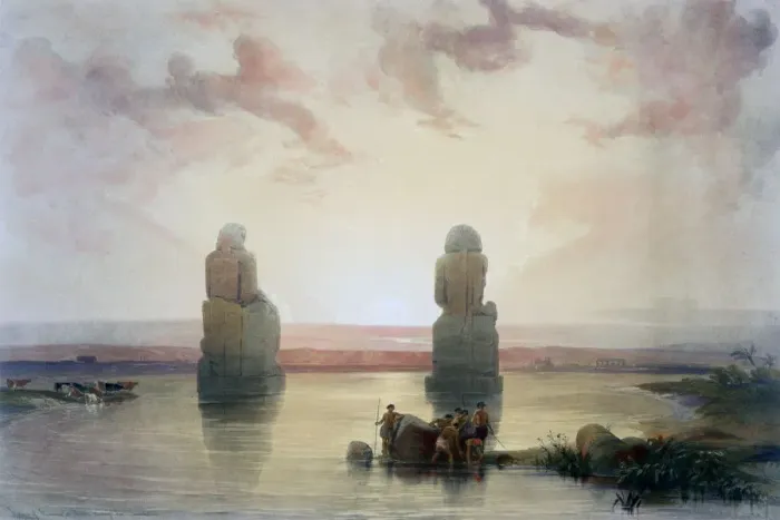 Framed Print : The Colossi of Memnon, at Thebes, during the Inundation, 19th century. Artist: David Roberts Framed Print : The Colossi of Memnon, at Thebes, during the Inundation, 19th century. Artist: David Roberts