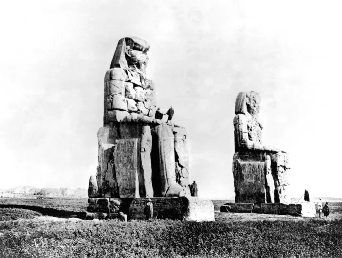 Framed Print : The Colossi of Memnon, Thebes, Nubia, Egypt, 1887. Artist: Henri Bechard Framed Print : The Colossi of Memnon, Thebes, Nubia, Egypt, 1887. Artist: Henri Bechard