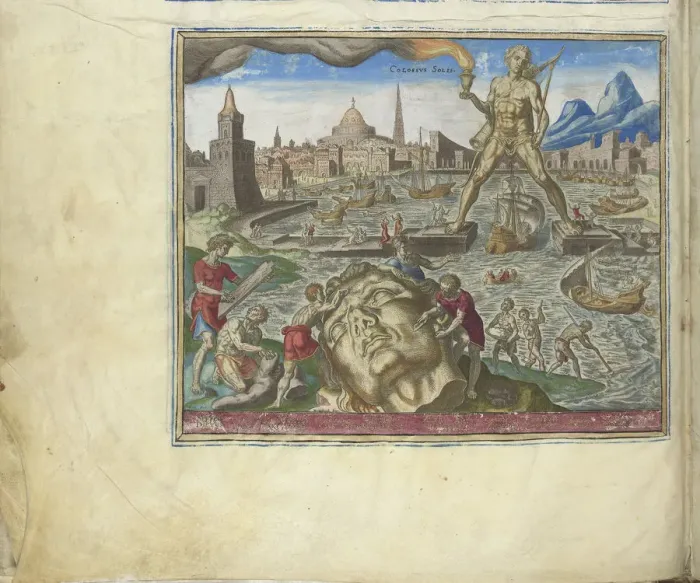 Framed Print : The Colossus of Rhodes (from the series The Eighth Wonders of the World), 1572. Artist: Galle, Philipp (Philips) (1537-1612) Framed Print : The Colossus of Rhodes (from the series The Eighth Wonders of the World), 1572. Artist: Galle, Philipp (Philips) (1537-1612)