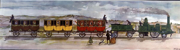 Coloured drawing of the train between Barcelona and Mataro, the first train