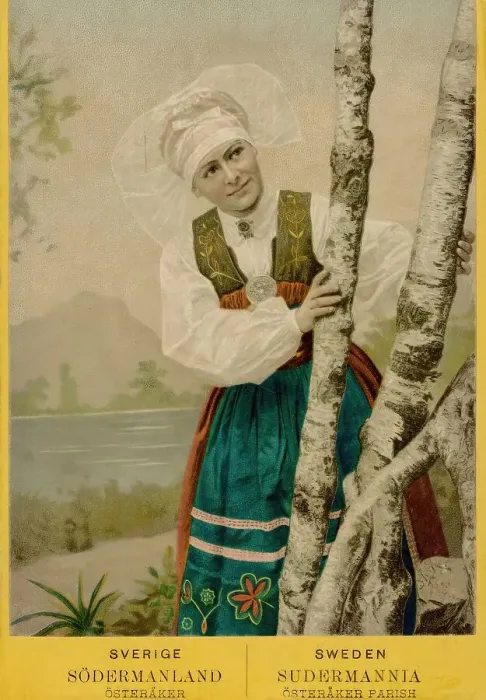 Framed Print : Coloured portrait photograph of a woman looking out from behind birch trunks, 1870-1900. Creator: Unknown Framed Print : Coloured portrait photograph of a woman looking out from behind birch trunks, 1870-1900. Creator: Unknown