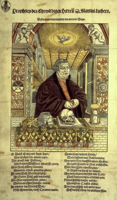 Framed Print : Coloured woodcut portrait of Martin Luther with verses in German, c1546. Creator: Unknown Framed Print : Coloured woodcut portrait of Martin Luther with verses in German, c1546. Creator: Unknown