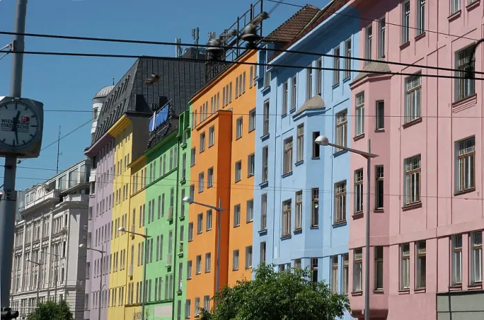 Framed Print : Colourful domestic apartment complex, Vienna, Austria, 2022. Creator: Ethel Davies Framed Print : Colourful domestic apartment complex, Vienna, Austria, 2022. Creator: Ethel Davies