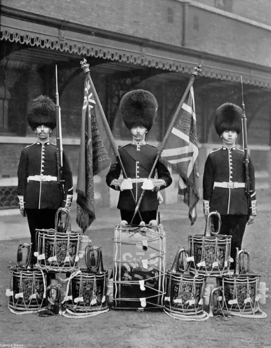 Framed Print : The colours and drums of the 2nd Grenadier Guards, 1896. Artist: J Thomson Framed Print : The colours and drums of the 2nd Grenadier Guards, 1896. Artist: J Thomson