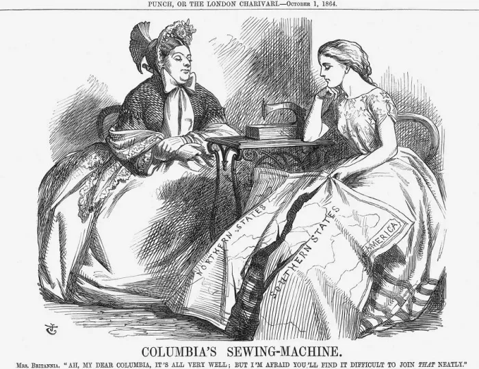 Framed Print : Columbias Sewing-Machine, 1864. Artist: John Tenniel Framed Print : Columbias Sewing-Machine, 1864. Artist: John Tenniel