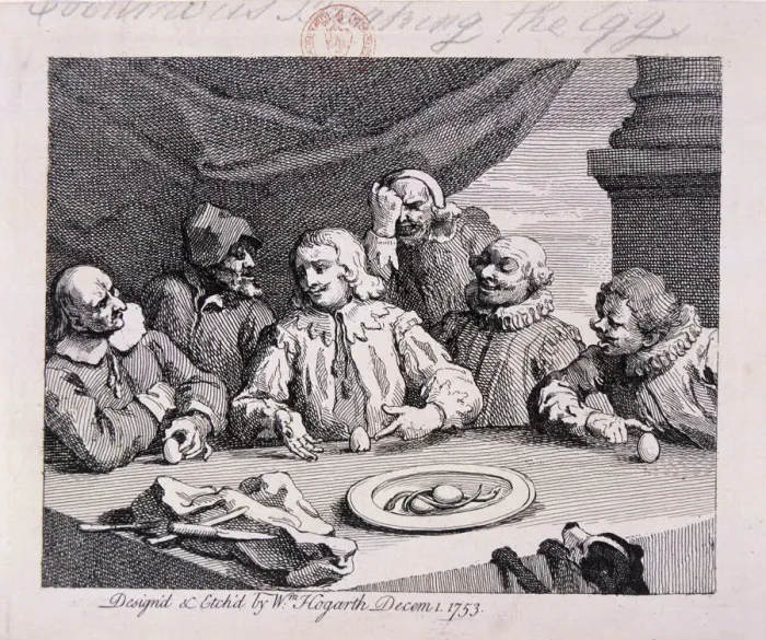 Framed Print : Columbus breaking the egg, 1753. Artist: William Hogarth Framed Print : Columbus breaking the egg, 1753. Artist: William Hogarth