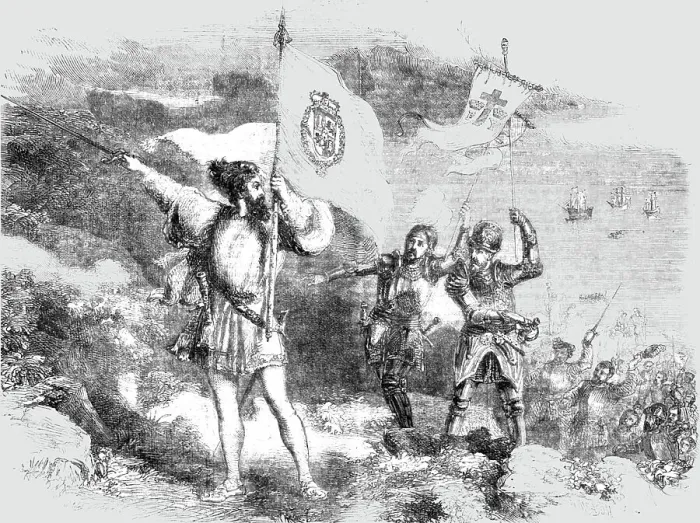 Framed Print : Columbus taking possession of the Island of St Salvador; Columbus and his Discoveries 1492, 1854. Creator: Unknown Framed Print : Columbus taking possession of the Island of St Salvador; Columbus and his Discoveries 1492, 1854. Creator: Unknown