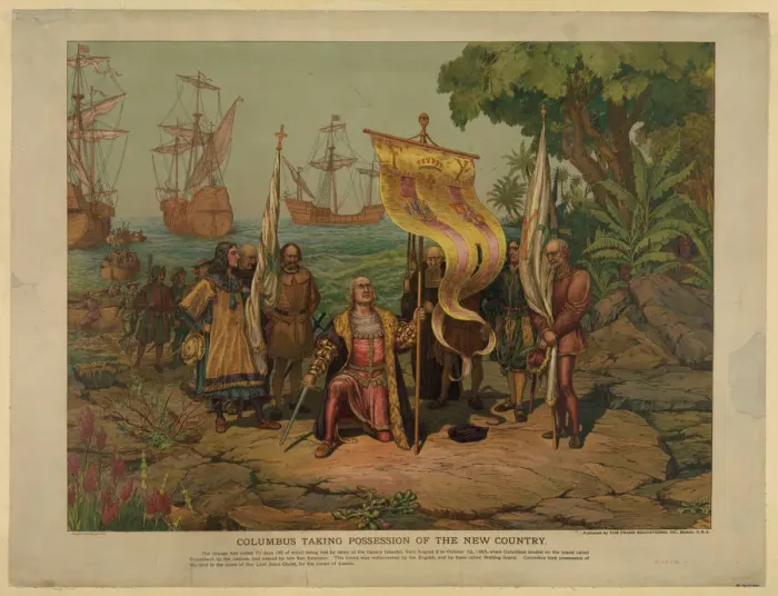 Framed Print : Columbus taking possession of the new country, 1893. Artist: Anonymous Framed Print : Columbus taking possession of the new country, 1893. Artist: Anonymous