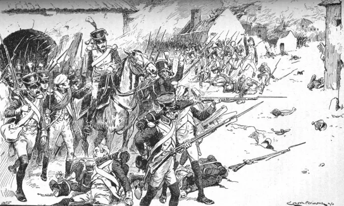 Framed Print : Column After Column Forced Its Way Into The Village, Only To Be Hurled Back, 1896, (1902). Artist: Gordon Frederick Browne