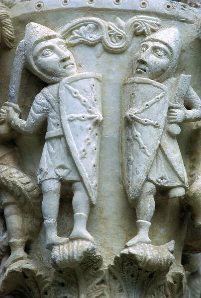 Detail of a column showing Norman Soldiers, 12th century