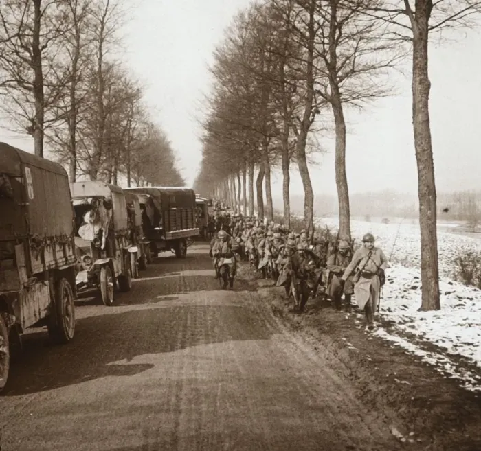 Framed Print : Column of trucks and troops, Somme-Tourbe, northern France, c1914-c1918 Framed Print : Column of trucks and troops, Somme-Tourbe, northern France, c1914-c1918