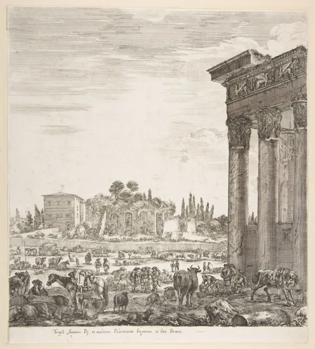Framed Print : The columns of the Temple of Antoninus to right, a part of the Campo Vaccino in center Framed Print : The columns of the Temple of Antoninus to right, a part of the Campo Vaccino in center