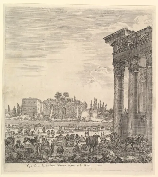 Framed Print : The columns of the Temple of Antoninus to right, a part of the Campo Vaccino in center Framed Print : The columns of the Temple of Antoninus to right, a part of the Campo Vaccino in center