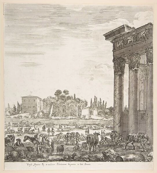 The columns of the Temple of Antoninus to right, a part of the Campo Vaccino in center