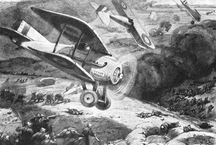 Framed Print : Combat Aerien; Au combat avec l'infanterie; La guerre de mouvements reparu en 1918. Creator: Maurice Busset Framed Print : Combat Aerien; Au combat avec l'infanterie; La guerre de mouvements reparu en 1918. Creator: Maurice Busset