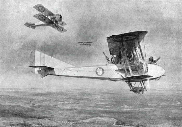 Framed Print : Combat Aerien; Avion triplace, en mission photographique, protégé par un Spad, 1918. Creator: Etienne Cournault Framed Print : Combat Aerien; Avion triplace, en mission photographique, protégé par un Spad, 1918. Creator: Etienne Cournault