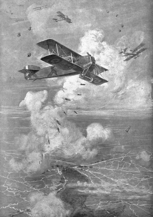 Framed Print : Combat Aerien; Un Bombardement Aerien; Avion Breguet Lancant ses bombes de 90, 1918. Creator: Unknown Framed Print : Combat Aerien; Un Bombardement Aerien; Avion Breguet Lancant ses bombes de 90, 1918. Creator: Unknown