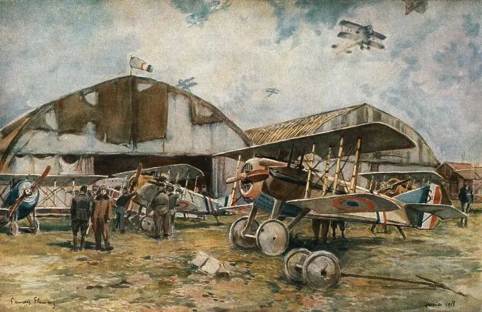 Framed Print : Combat Aerien; Devant les hangars d, une escadrille de chasse, 1918. Creator: Francois Flameng Framed Print : Combat Aerien; Devant les hangars d, une escadrille de chasse, 1918. Creator: Francois Flameng