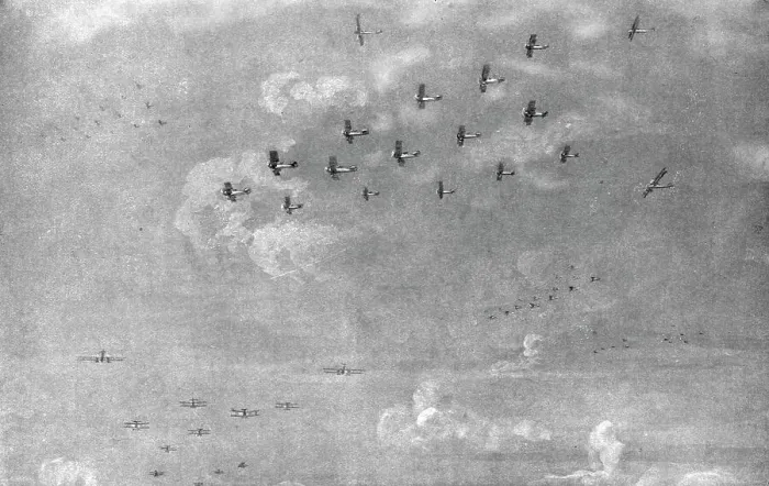 Framed Print : Combat Aerien; en escadre; Escadre de bombardement en expedition...1918. Creator: Etienne Cournault Framed Print : Combat Aerien; en escadre; Escadre de bombardement en expedition...1918. Creator: Etienne Cournault