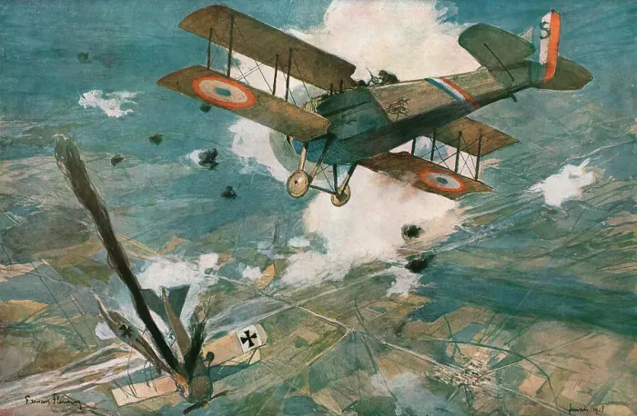 Framed Print : Combat Aerien; L'avion ennemi s'abat en flammes. -- Le Spad vainqueur est encadre... 1918. Creator: Francois Flameng Framed Print : Combat Aerien; L'avion ennemi s'abat en flammes. -- Le Spad vainqueur est encadre... 1918. Creator: Francois Flameng