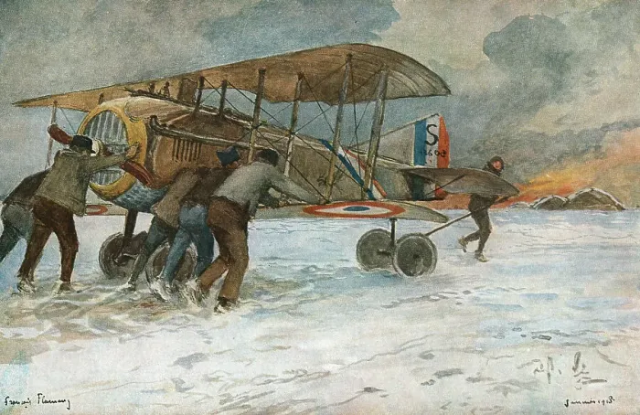 Framed Print : Combat Aerien; Retree d'Spad qui a atterri loin des hangars, a l'autre extremite... 1918. Creator: Francois Flameng Framed Print : Combat Aerien; Retree d'Spad qui a atterri loin des hangars, a l'autre extremite... 1918. Creator: Francois Flameng