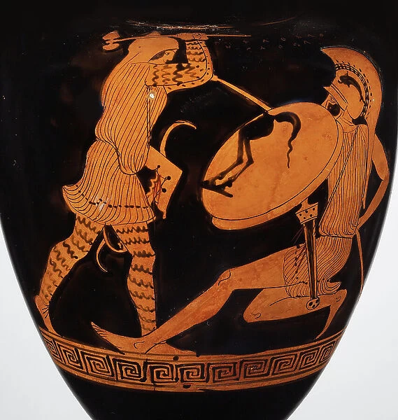 Combat between an Amazon and a Greek. (Nolan amphora), ca 470-460 BC. Creator: Alcimachus Painter (active c. 460 BC)