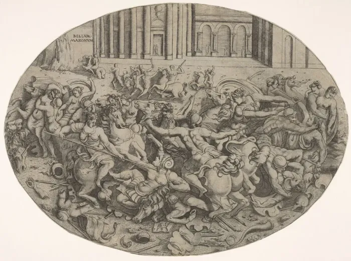 Framed Print : Combat between Amazons and men in front of architectural arcades Framed Print : Combat between Amazons and men in front of architectural arcades