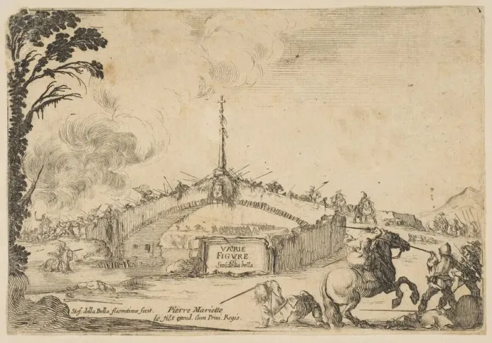 Framed Print : Combat on a bridge, a horseman and two footsoldiers battle with swords at bottom right Framed Print : Combat on a bridge, a horseman and two footsoldiers battle with swords at bottom right