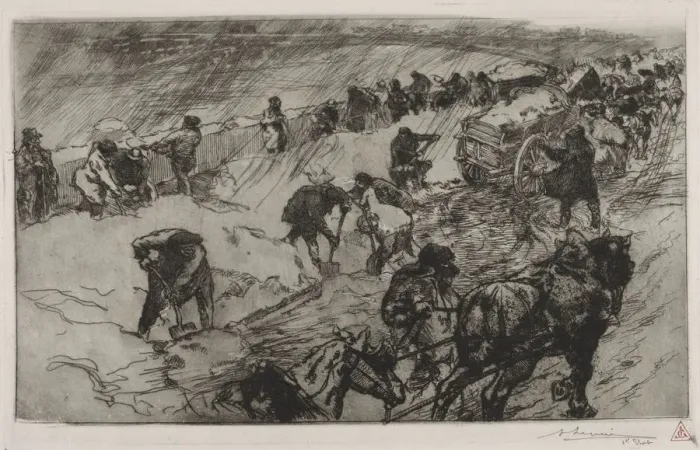Framed Print : Combat contre la Neige, Quai aux Fleurs, 1890. Creator: Auguste Louis Lepere (French Framed Print : Combat contre la Neige, Quai aux Fleurs, 1890. Creator: Auguste Louis Lepere (French