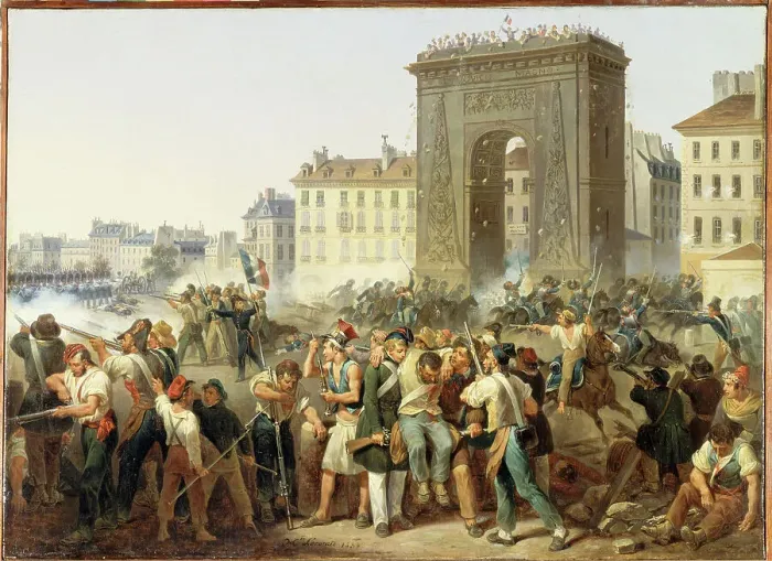 Framed Print : Combat de la porte Saint-Denis, 28 juillet 1830, 1830. Creator: Hippolyte Lecomte Framed Print : Combat de la porte Saint-Denis, 28 juillet 1830, 1830. Creator: Hippolyte Lecomte