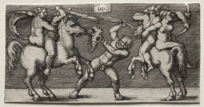 Framed Print : Combat of Three Men, 1546-1547. Creator: Hans Sebald Beham (German, 1500-1550)