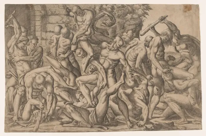 Framed Print : Combat of Naked Men, 1535-55. Creator: Jean Mignon Framed Print : Combat of Naked Men, 1535-55. Creator: Jean Mignon