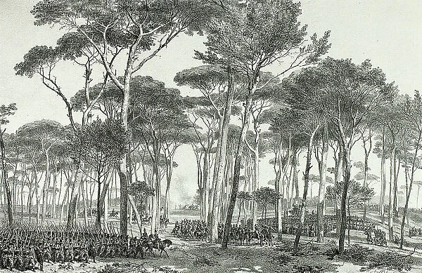 Combat in Pamfili, from Souvenirs d'Italie: Expédition de Rome, 1853. Creator: Auguste Raffet