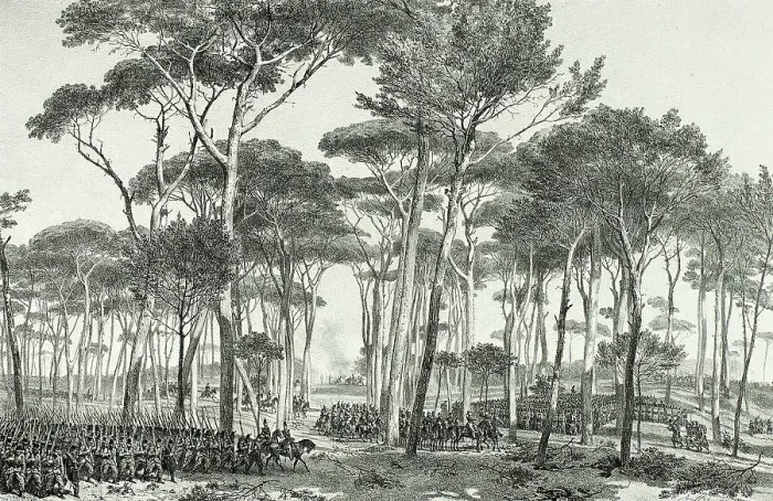 Framed Print : Combat in Pamfili, from Souvenirs d'Italie: Expédition de Rome, 1853. Creator: Auguste Raffet Framed Print : Combat in Pamfili, from Souvenirs d'Italie: Expédition de Rome, 1853. Creator: Auguste Raffet