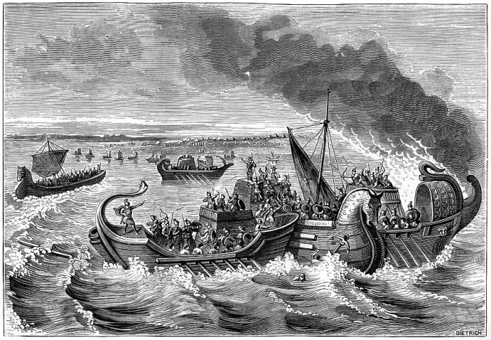 Framed Print : Combat between Roman and Veneti vessels, Loire river, 56 BC (1882-1884). Artist: Dietrich Framed Print : Combat between Roman and Veneti vessels, Loire river, 56 BC (1882-1884). Artist: Dietrich