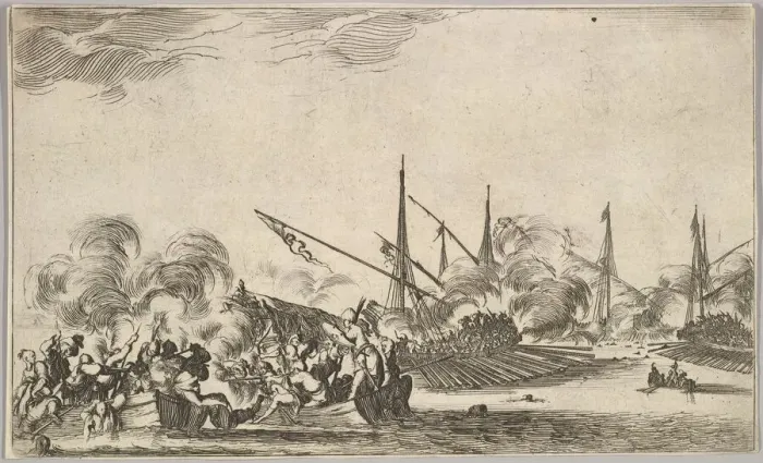 Framed Print : Combat between several rowboats and ships, two groups of men in rowboats fighting to left Framed Print : Combat between several rowboats and ships, two groups of men in rowboats fighting to left