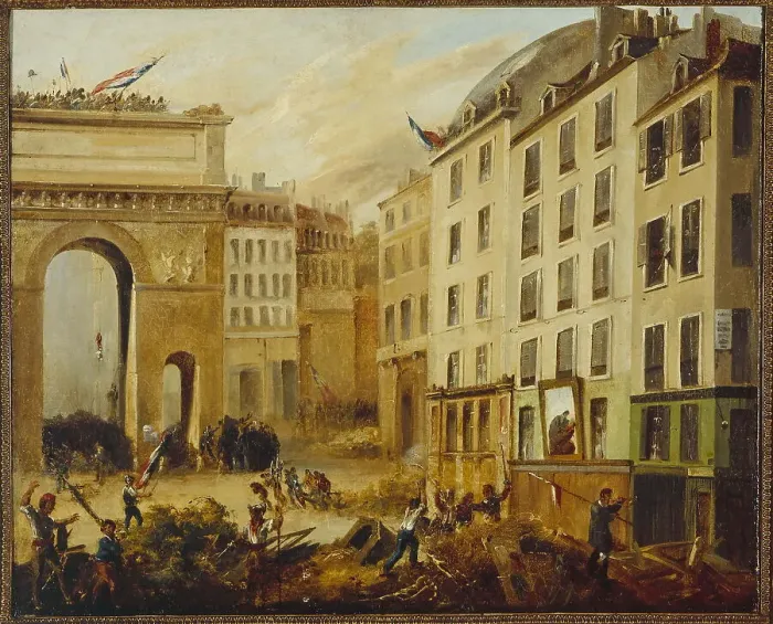 Framed Print : Combat scene at Porte Saint-Martin, July 28, 1830. Creator: Unknown Framed Print : Combat scene at Porte Saint-Martin, July 28, 1830. Creator: Unknown