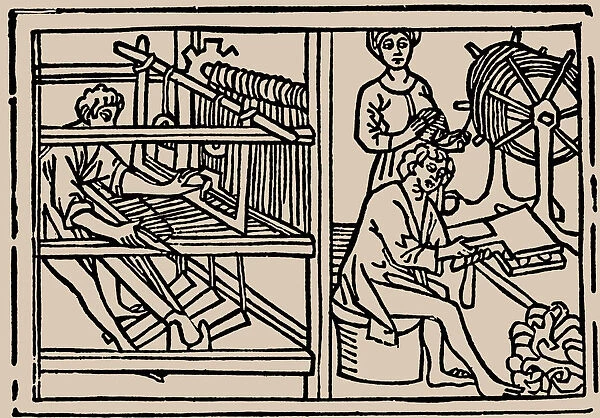 Combing, spinning and weaving of wool. From Speculum Vitae Humanae by Rodericus Zamorensis, 1479