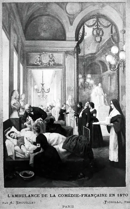 Framed Print : Comedie-Francaise, Paris: a corridor used as a hospital in the Franco-Prussian War showing... 1870. Creator: Luigi Fiorillo Framed Print : Comedie-Francaise, Paris: a corridor used as a hospital in the Franco-Prussian War showing... 1870. Creator: Luigi Fiorillo
