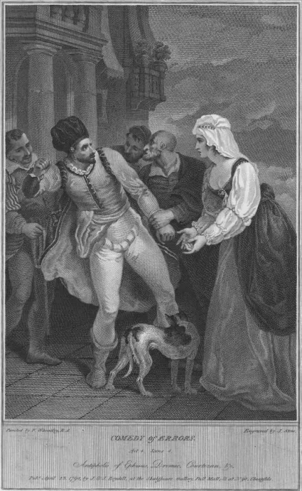 Framed Print : Comedy of Errors Act 4 Scene 4. Antipholis of Ephesus, Dromio, Courtezan & c, 1798. Artist: James Stow Framed Print : Comedy of Errors Act 4 Scene 4. Antipholis of Ephesus, Dromio, Courtezan & c, 1798. Artist: James Stow